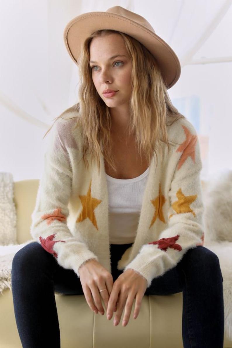 Star Print Accent Thick Knit Front Open Sweater - Wild Luxe Boutique