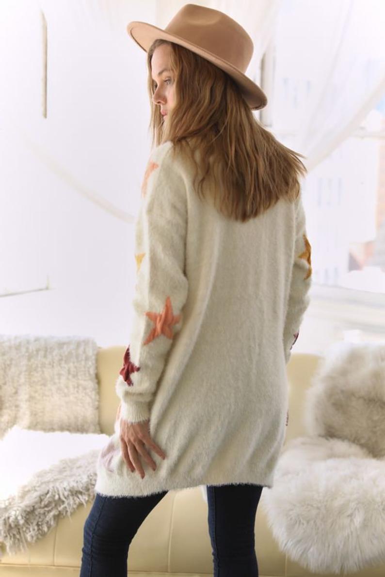 Star Print Accent Thick Knit Front Open Sweater - Wild Luxe Boutique