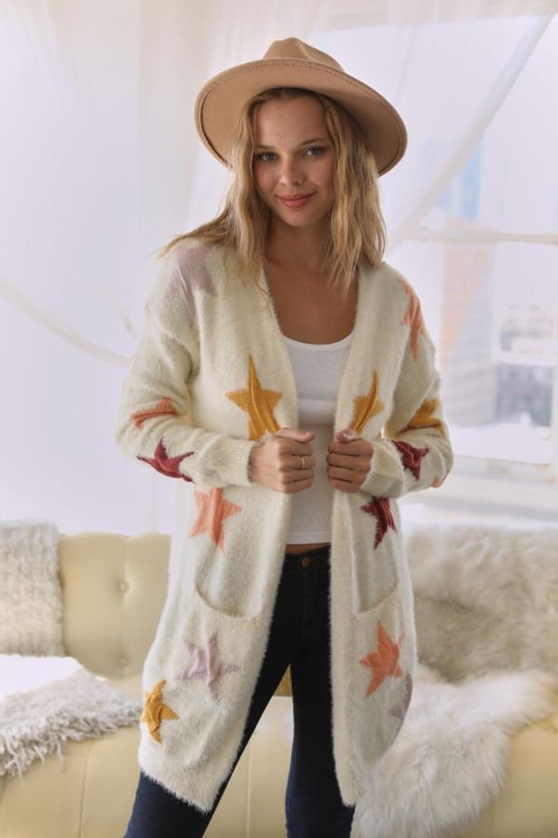 Star Print Accent Thick Knit Front Open Sweater - Wild Luxe Boutique