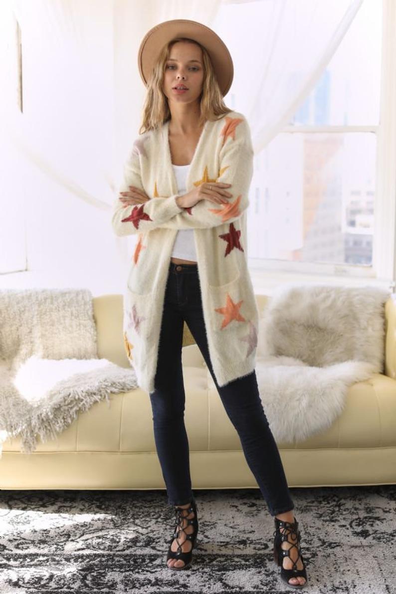 Star Print Accent Thick Knit Front Open Sweater - Wild Luxe Boutique