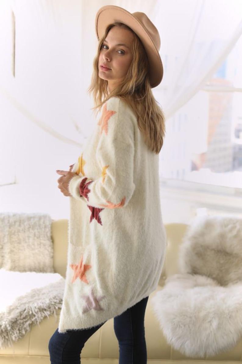 Star Print Accent Thick Knit Front Open Sweater - Wild Luxe Boutique