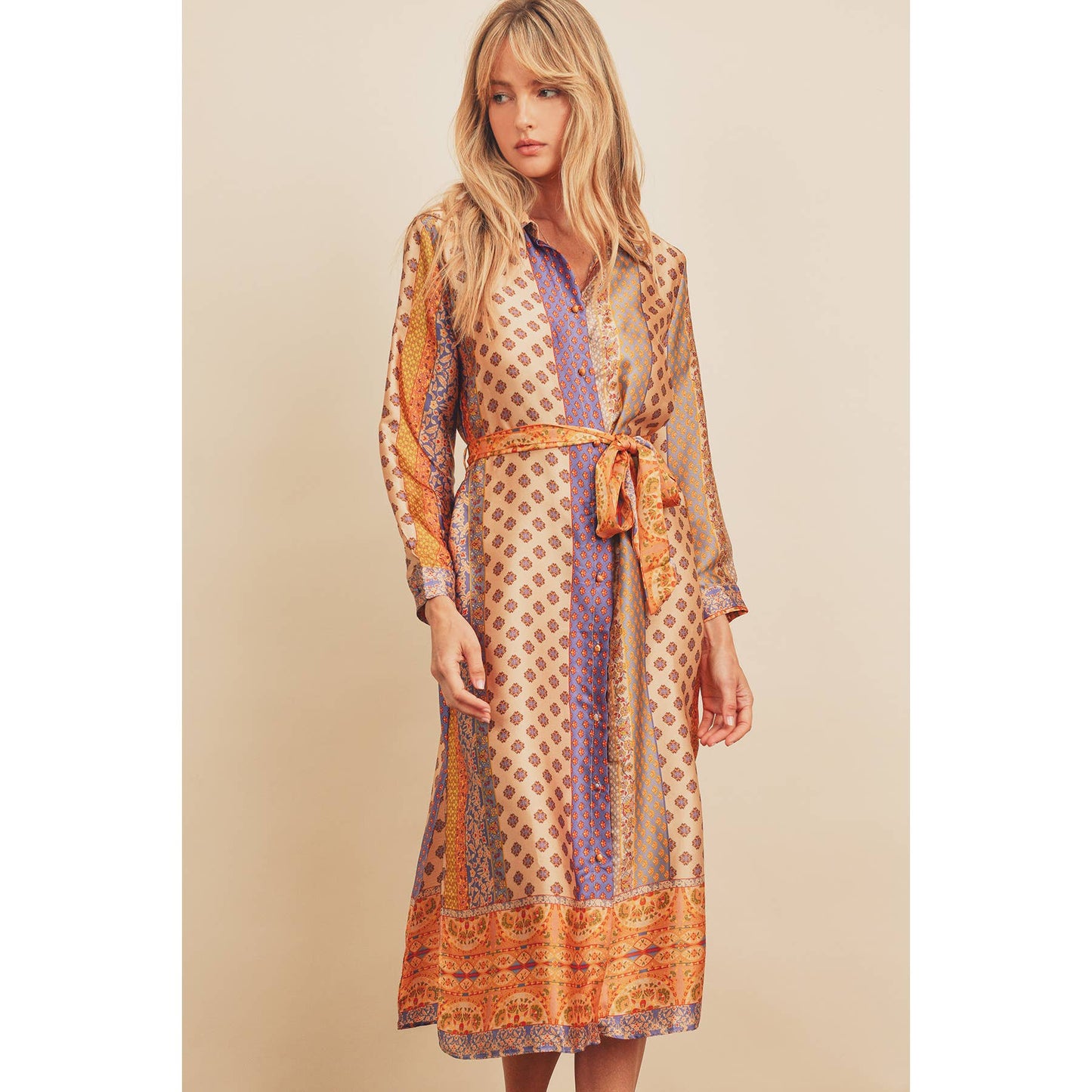 Border Print Satin Shirt Dress