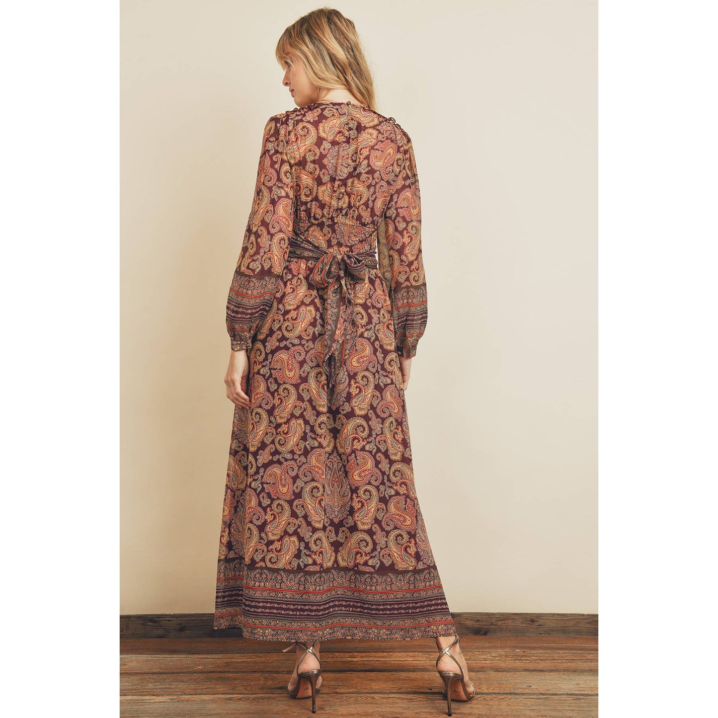 Paisley Border Pleated Waist Maxi Dress