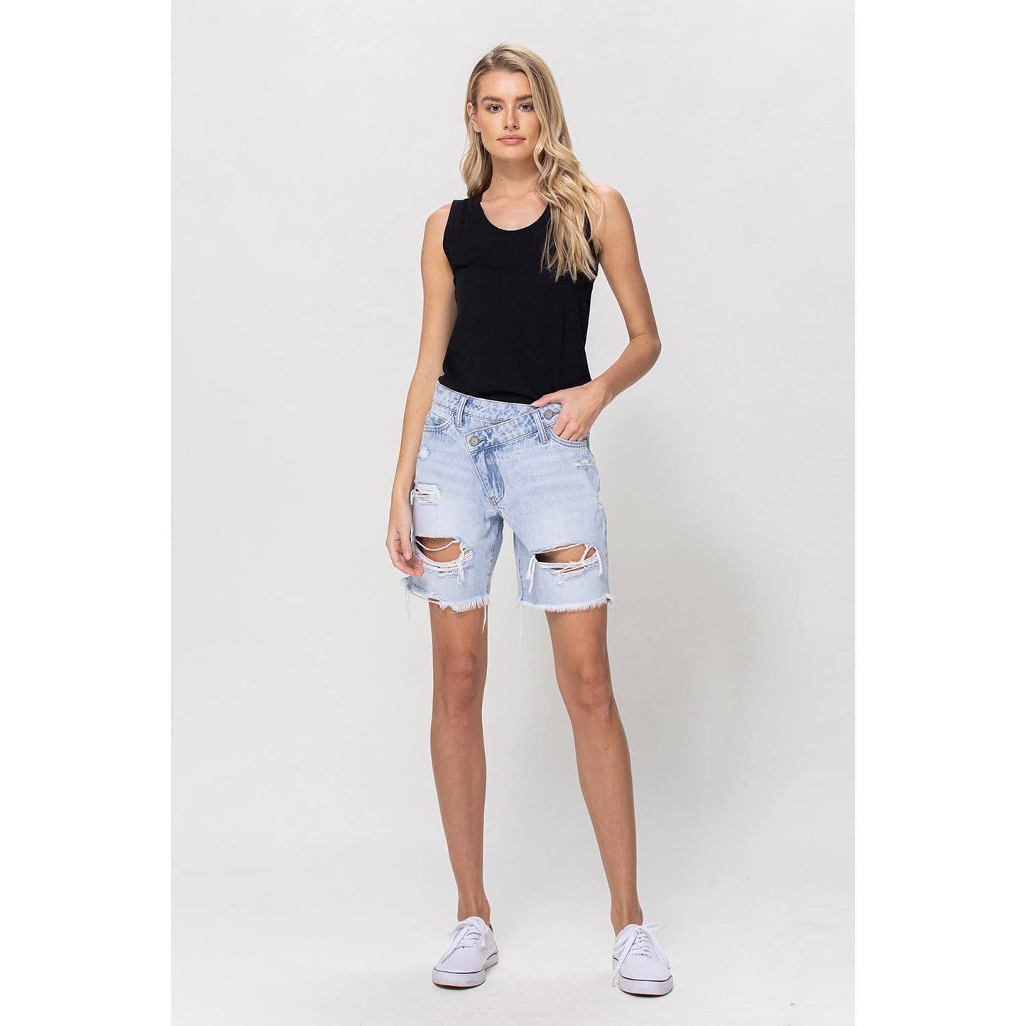 Upstanding High Rise Cross Over Boyfriend Shorts