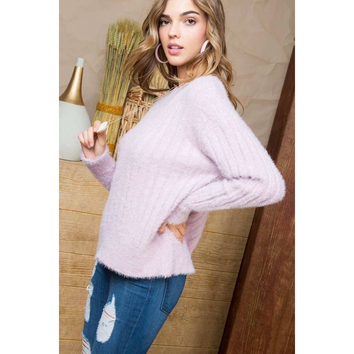 Lilac Fuzzy Ribbed Crew Tunic Sweater - Wild Luxe Boutique