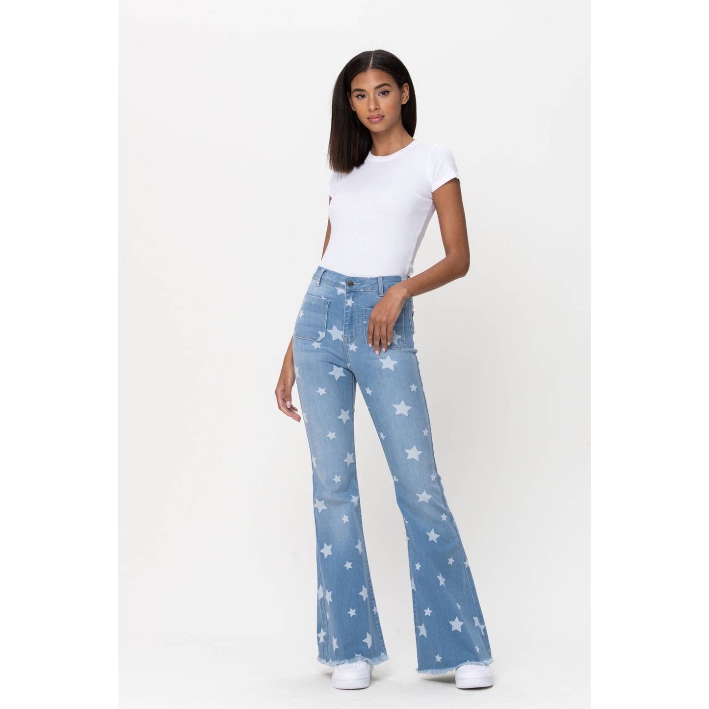 Light Wash Star Print Flare Jeans - Wild Luxe Boutique
