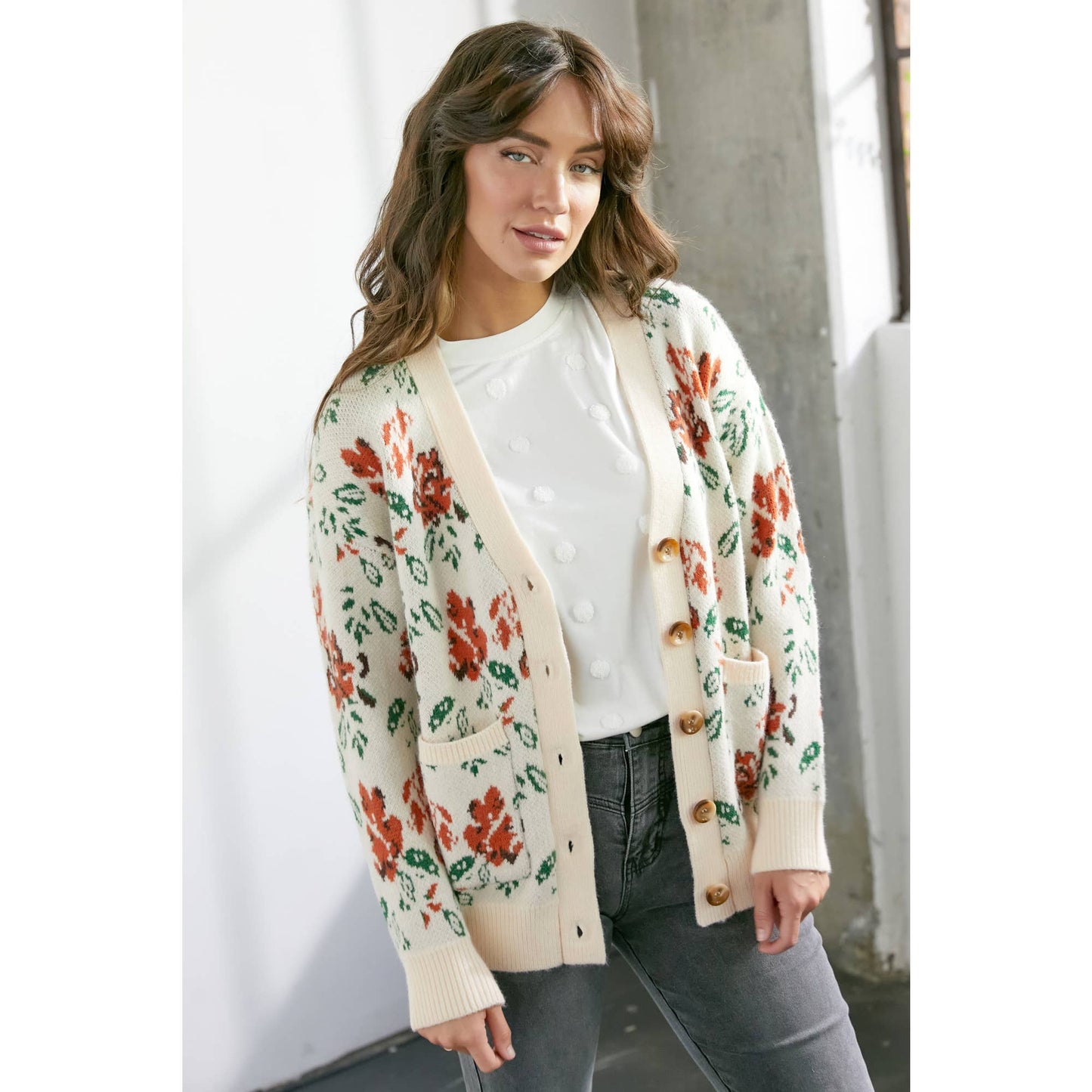 Floral Knit Button Front Cream Cardigan