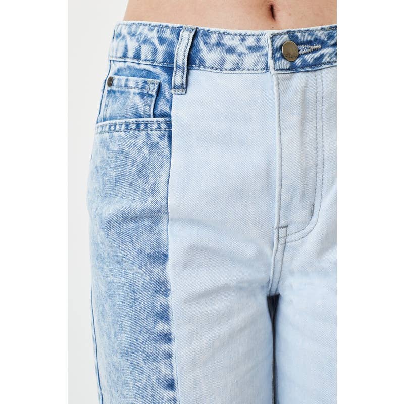 Jean large taille haute délavé à l'acide avec empiècements