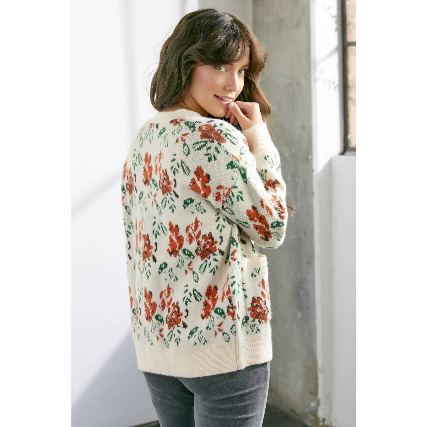 Floral Knit Button Front Cream Cardigan