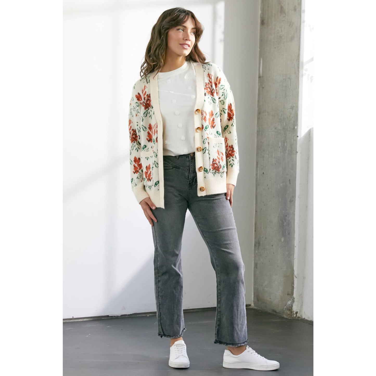 Floral Knit Button Front Cream Cardigan