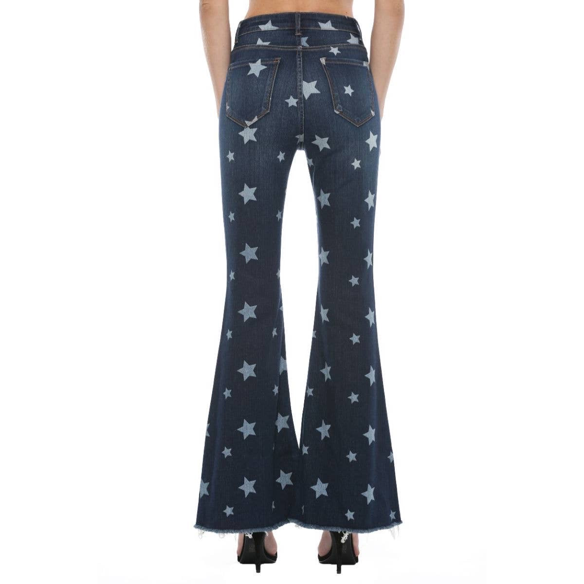 Dark Wash Star Print Flare Jeans - Wild Luxe Boutique