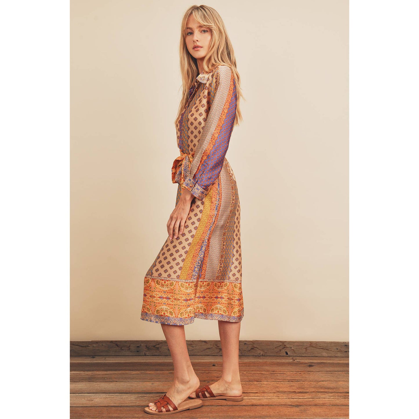 Border Print Satin Shirt Dress