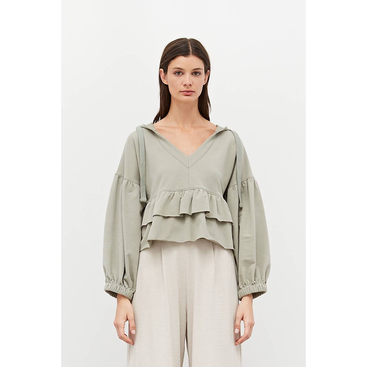 Grade & Gather V-Neck Hooded Tiered Sweatshirt