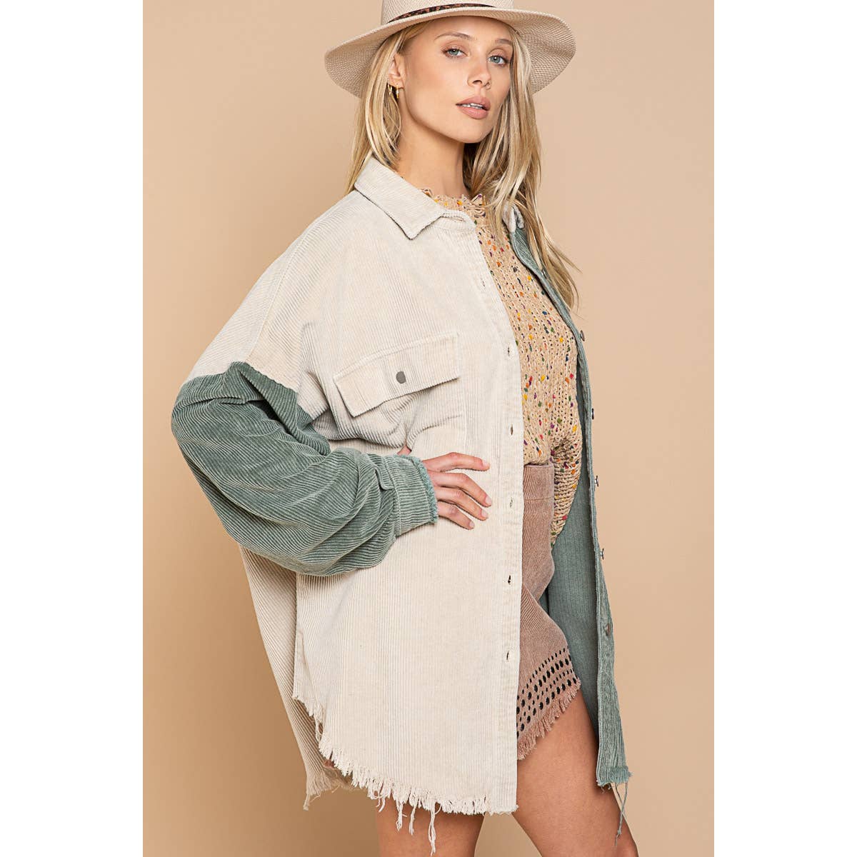 Green Colorblock Corduroy Shacket - Wild Luxe Boutique