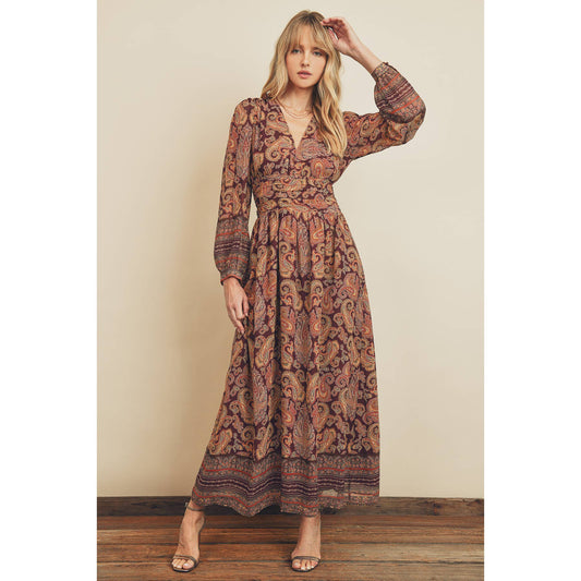 Paisley Border Pleated Waist Maxi Dress