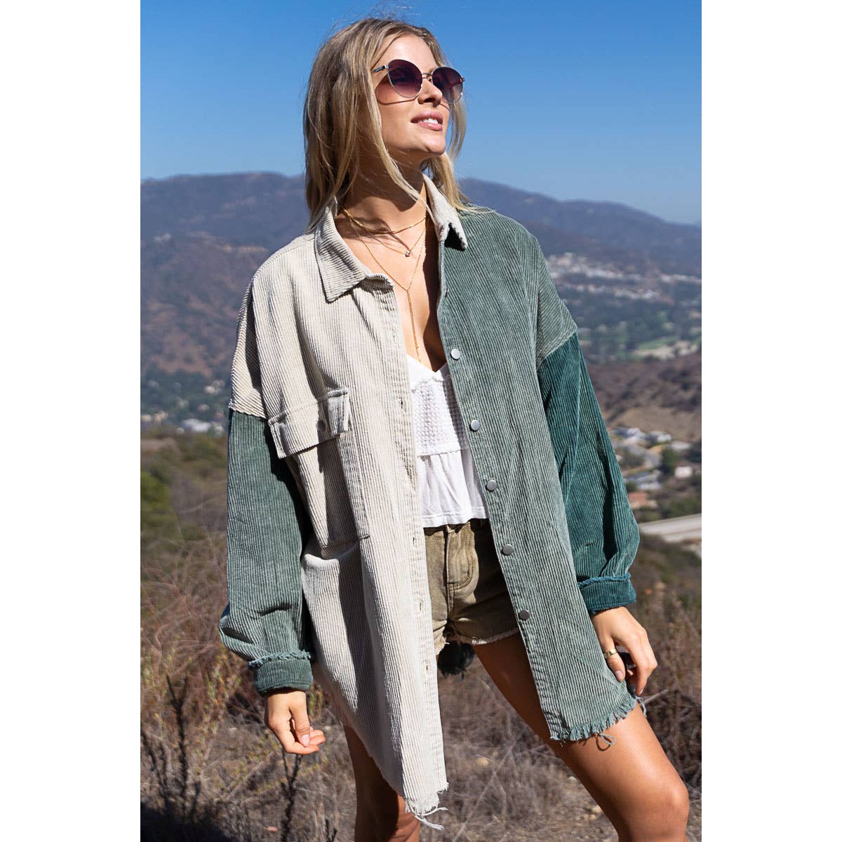 Green Colorblock Corduroy Shacket - Wild Luxe Boutique