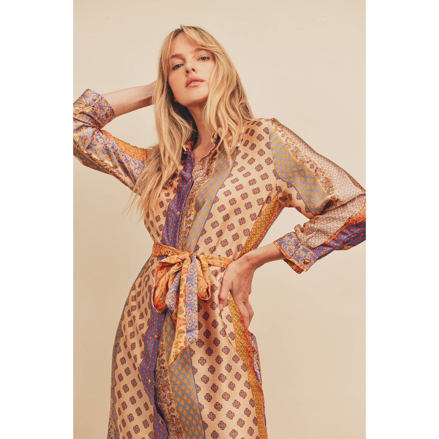 Border Print Satin Shirt Dress