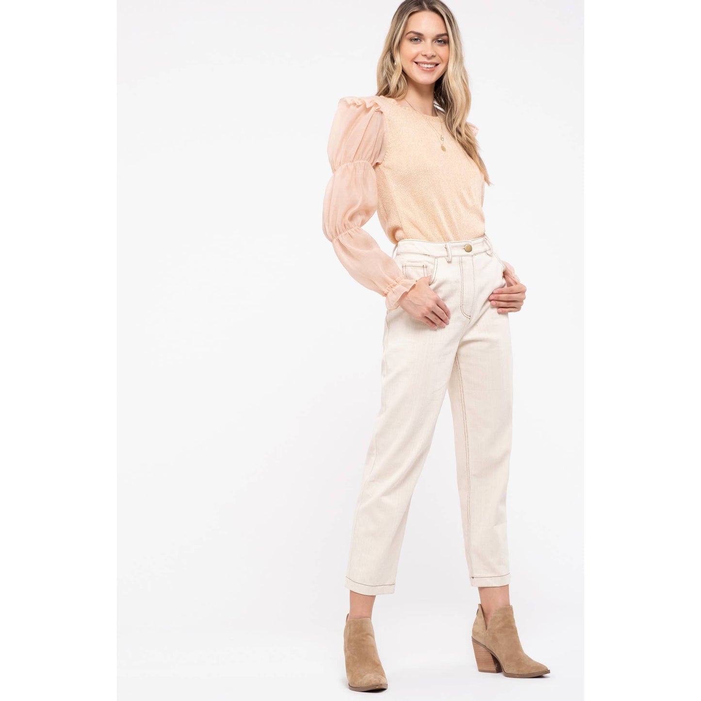 Contrast Sleeve Apricot Sweater Top