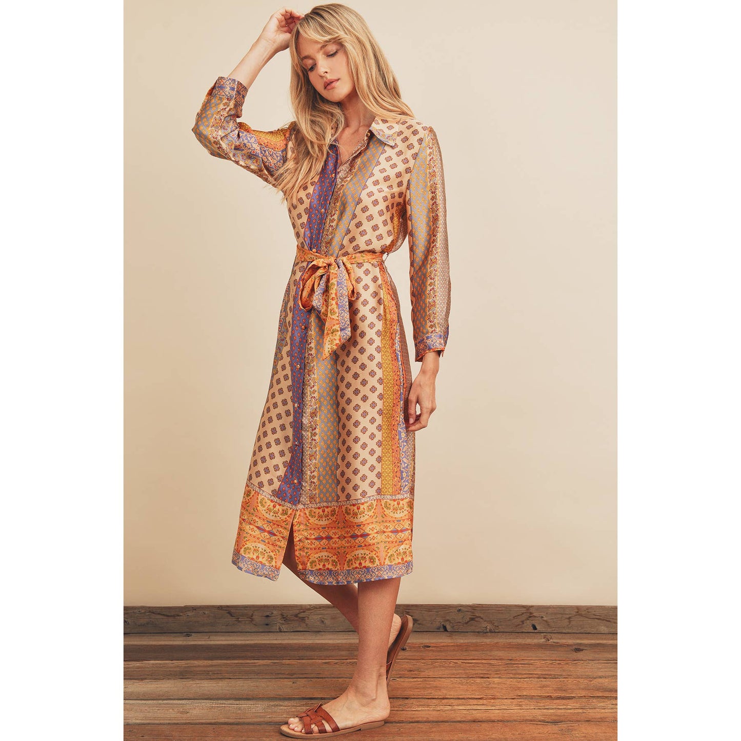 Border Print Satin Shirt Dress