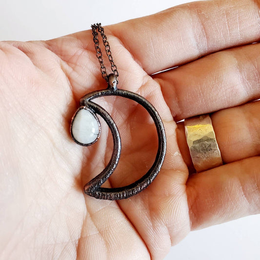 Rainbow Moonstone & Lunar Moon Silhouette Necklace - Wild Luxe Boutique