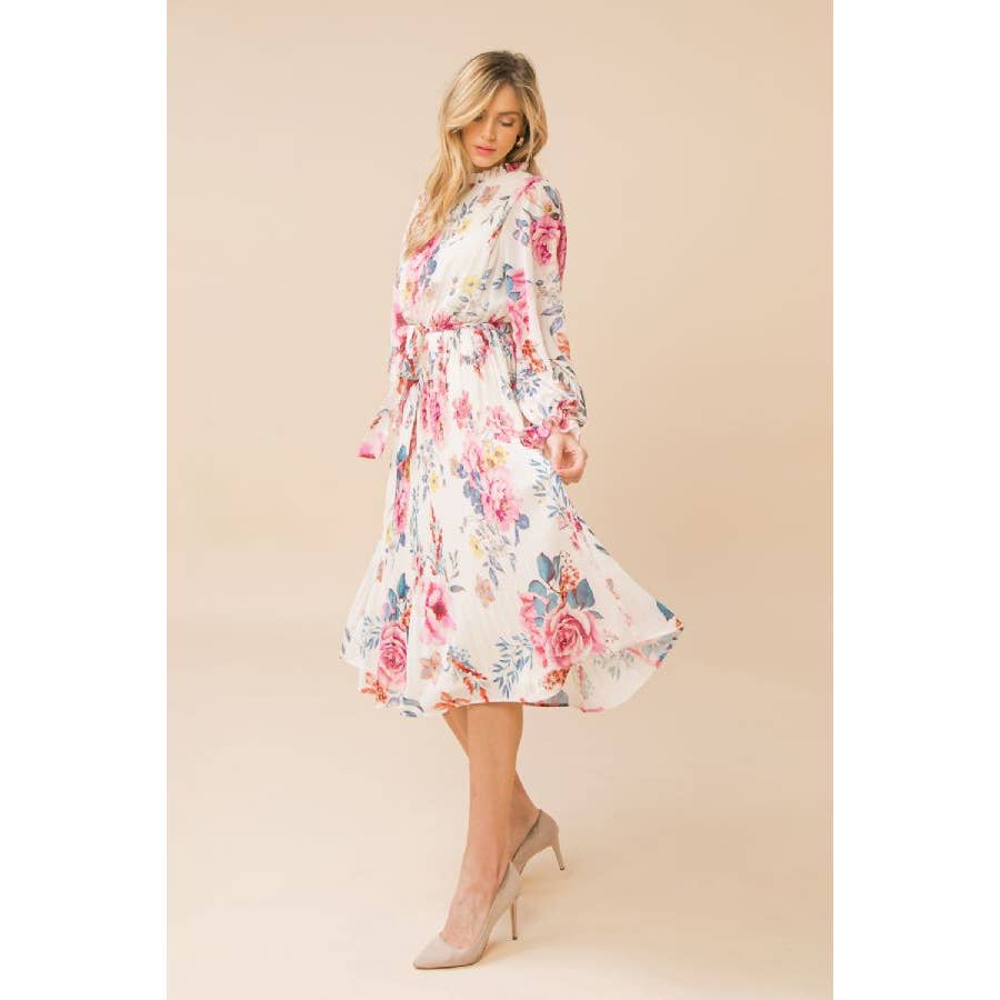 Floral Ivory Pleated Midi Dress