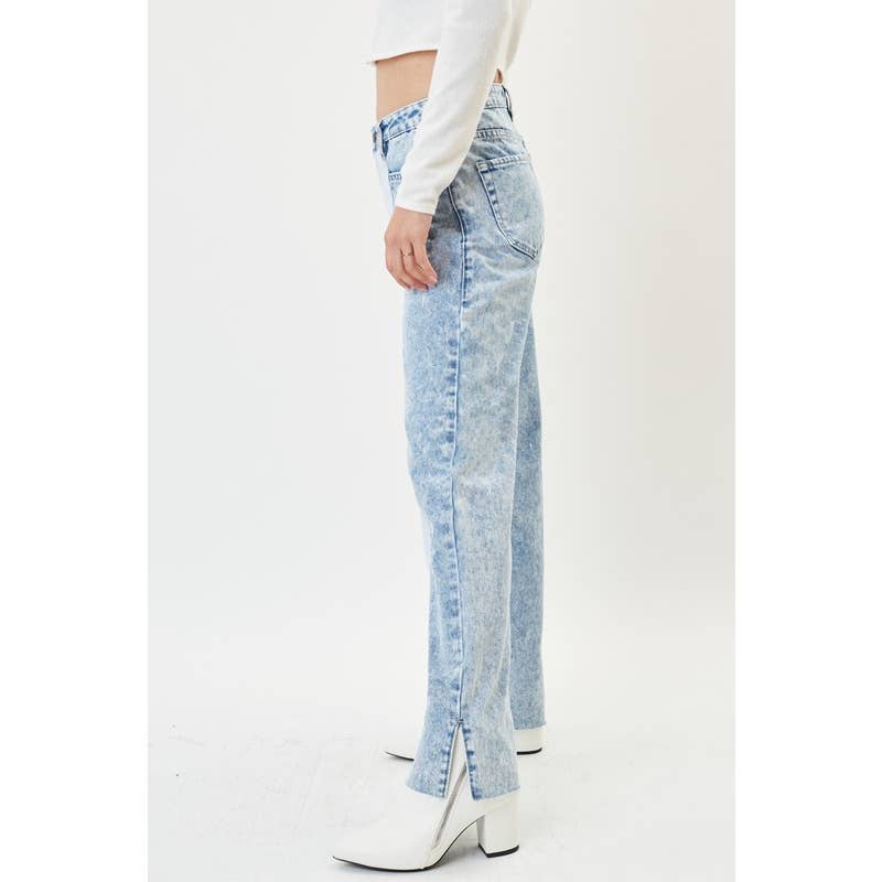 Jean large taille haute délavé à l'acide avec empiècements