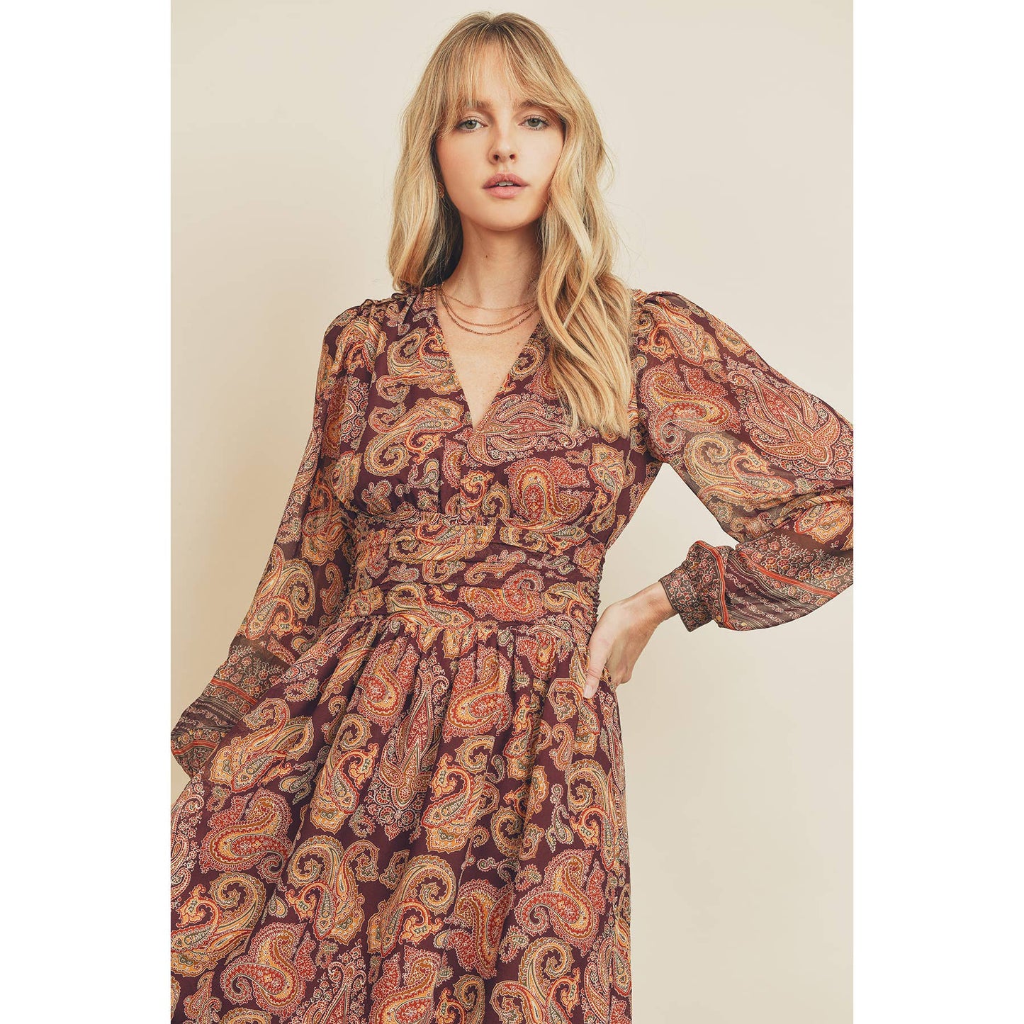 Paisley Border Pleated Waist Maxi Dress