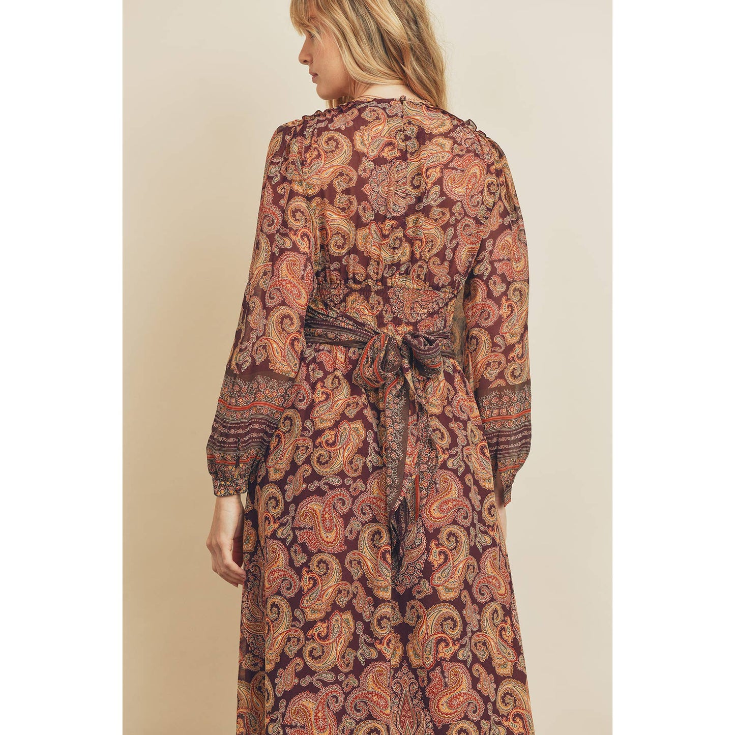 Paisley Border Pleated Waist Maxi Dress
