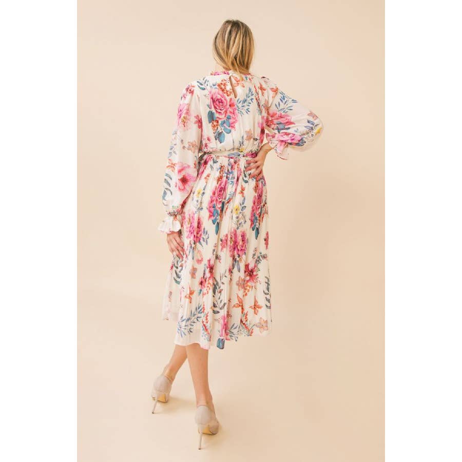 Floral Ivory Pleated Midi Dress