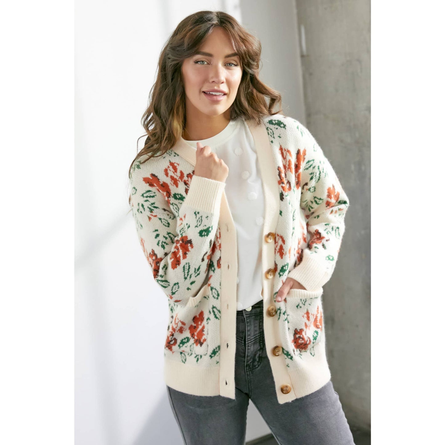 Floral Knit Button Front Cream Cardigan
