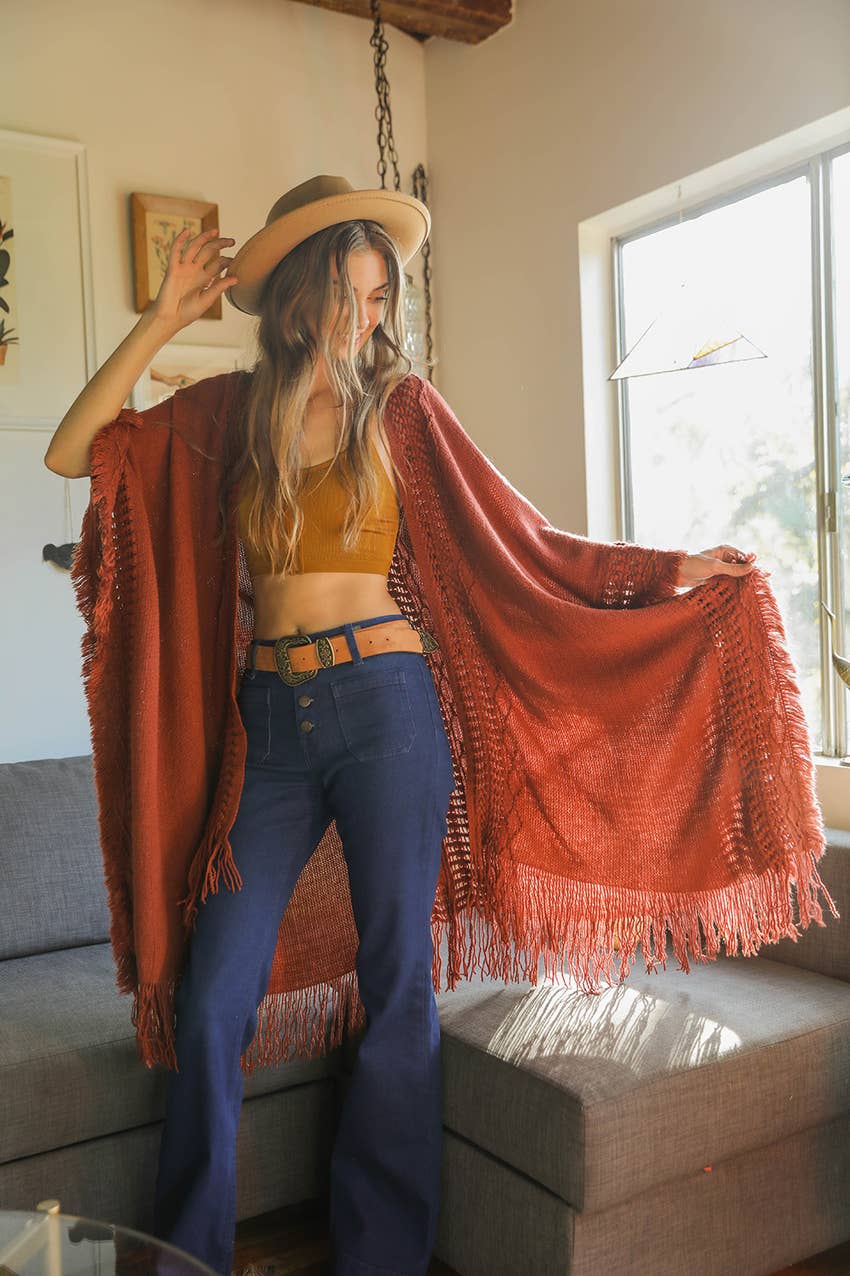 Open Work Frayed Border Bohemian Ruana - Wild Luxe Boutique