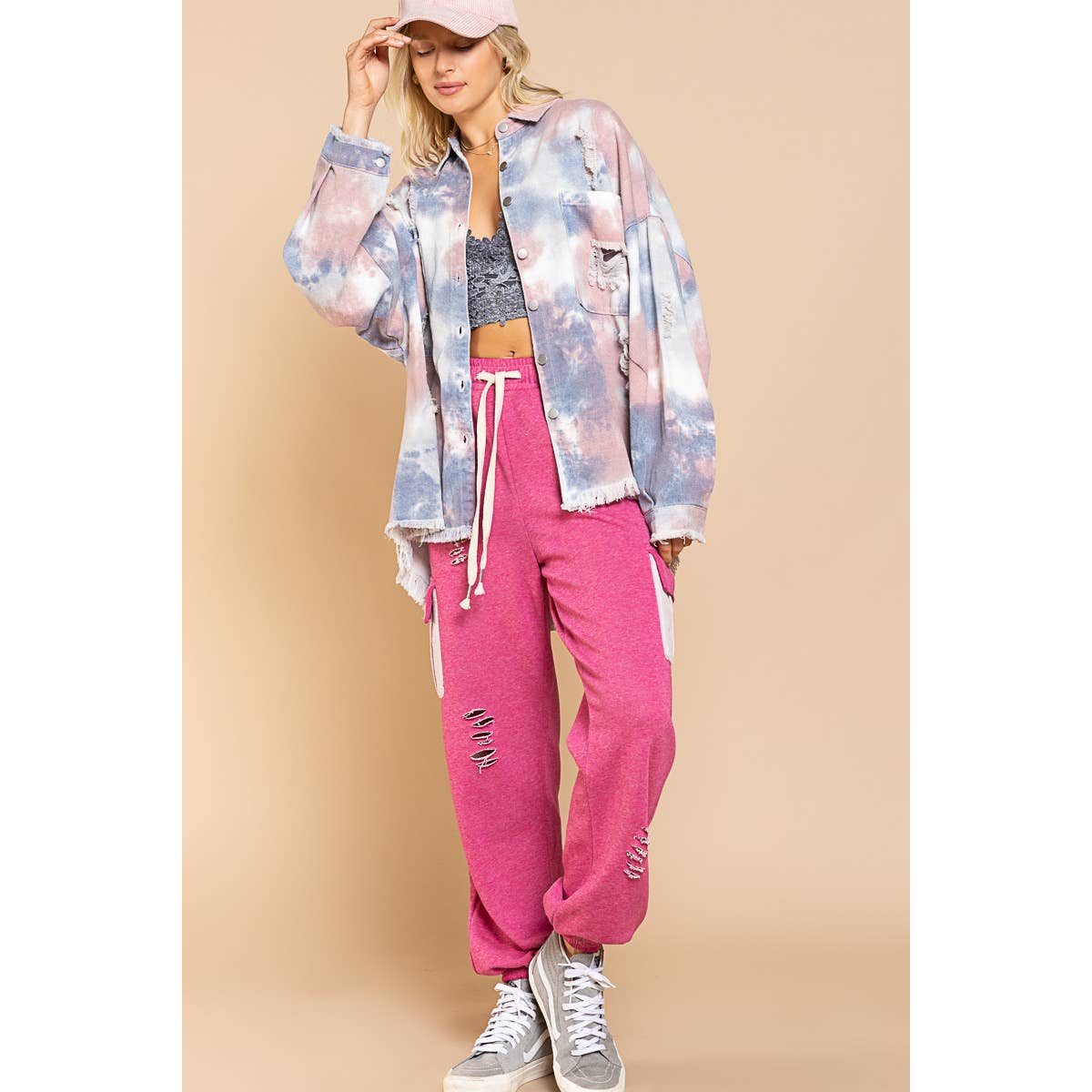 Rose Blue Tie Dye Distressed Shacket - Wild Luxe Boutique