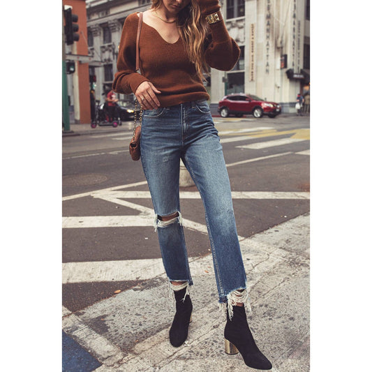 Charity High-Rise Distressed Hem Straight Denim - Wild Luxe Boutique