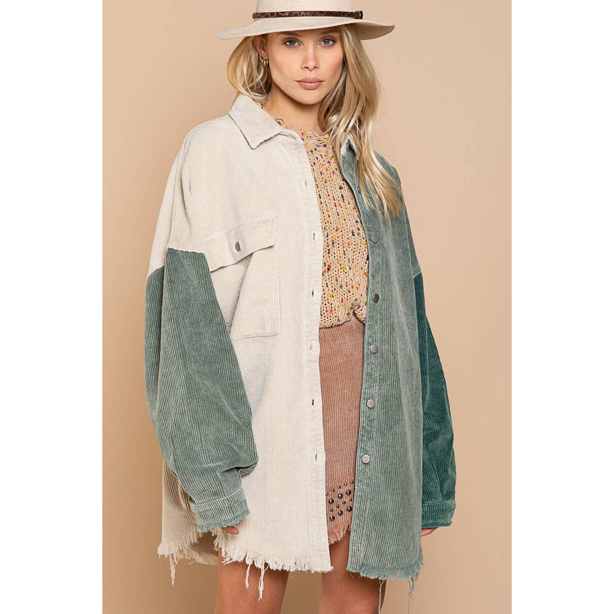 Green Colorblock Corduroy Shacket - Wild Luxe Boutique
