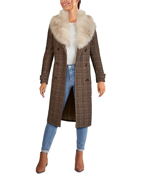 Kenneth Cole Plaid Long Coat with Removable Faux Fur Collar - Wild Luxe Boutique