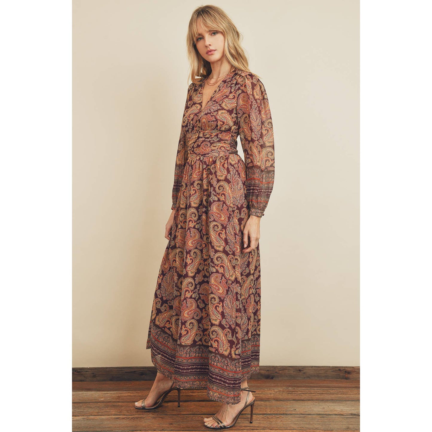 Paisley Border Pleated Waist Maxi Dress