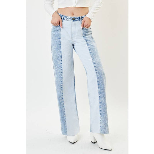 Jean large taille haute délavé à l'acide avec empiècements