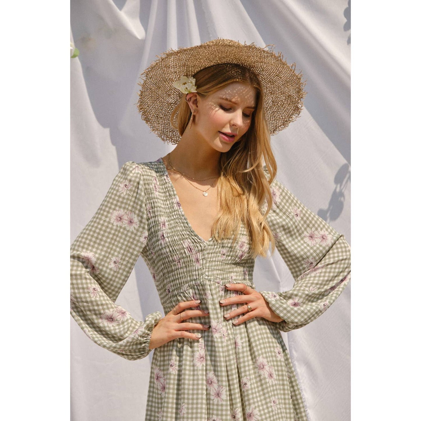 Floral Plaid Printed Smocking Mini Dress