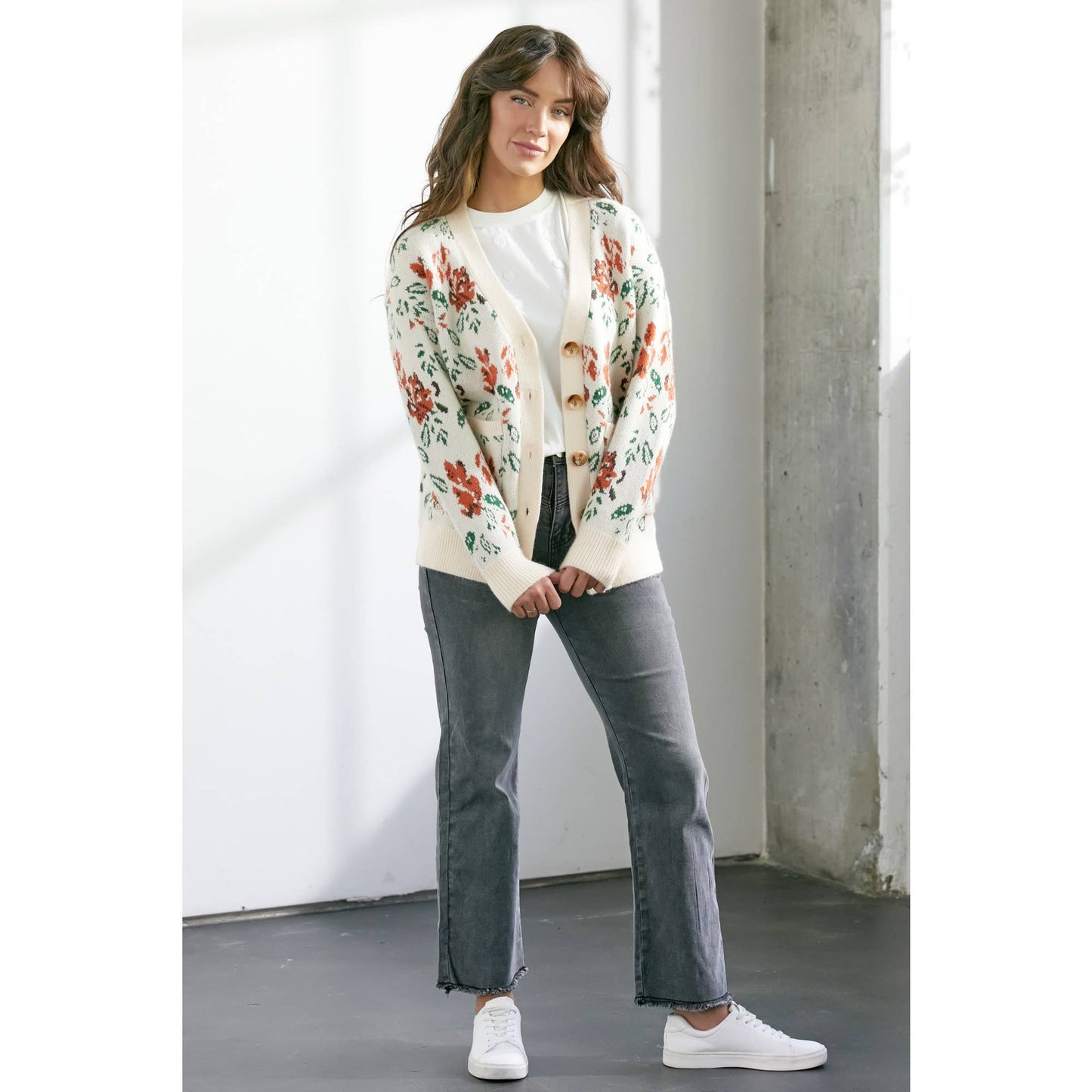 Floral Knit Button Front Cream Cardigan