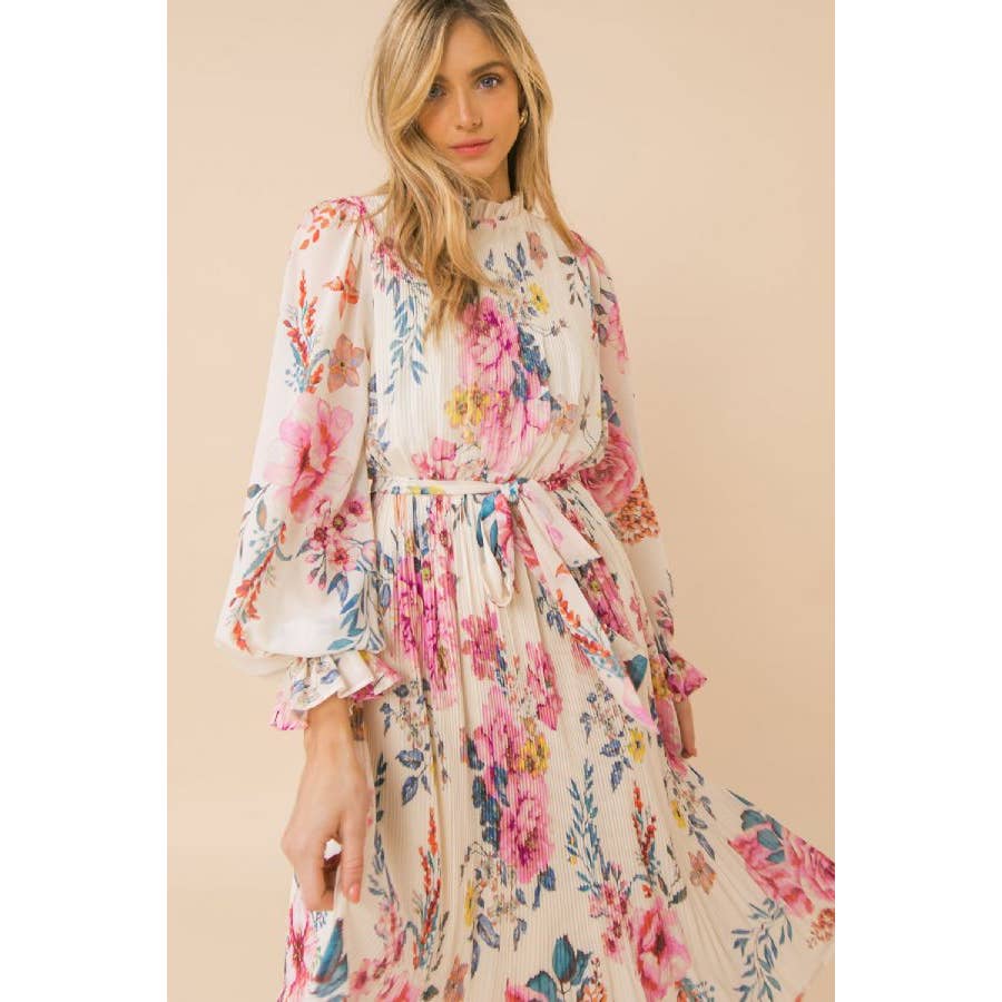 Floral Ivory Pleated Midi Dress