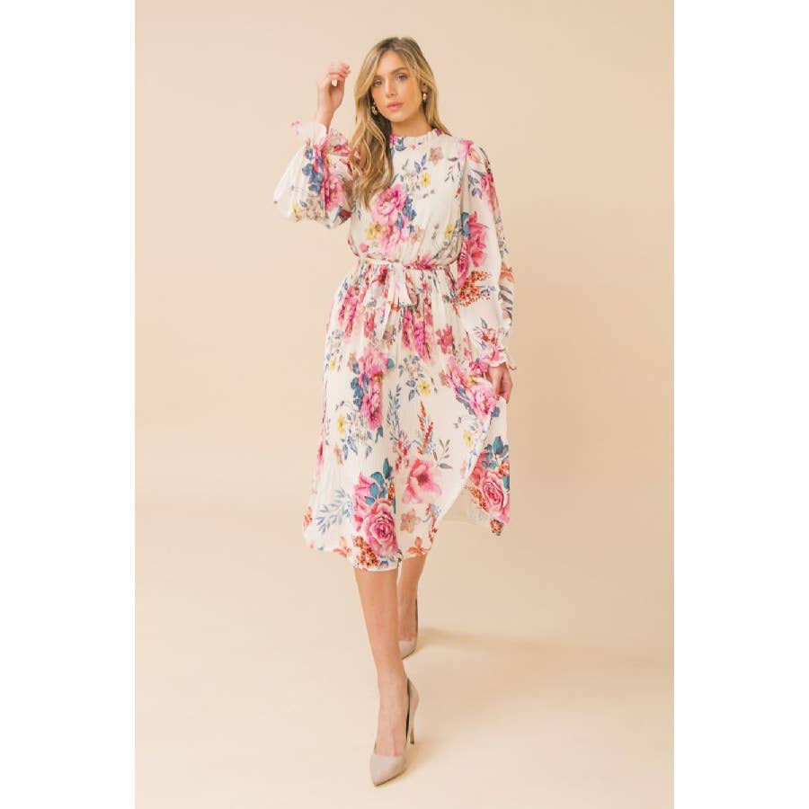 Floral Ivory Pleated Midi Dress