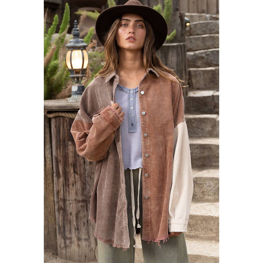 Chocolate Colorblock Corduroy Shacket - Wild Luxe Boutique