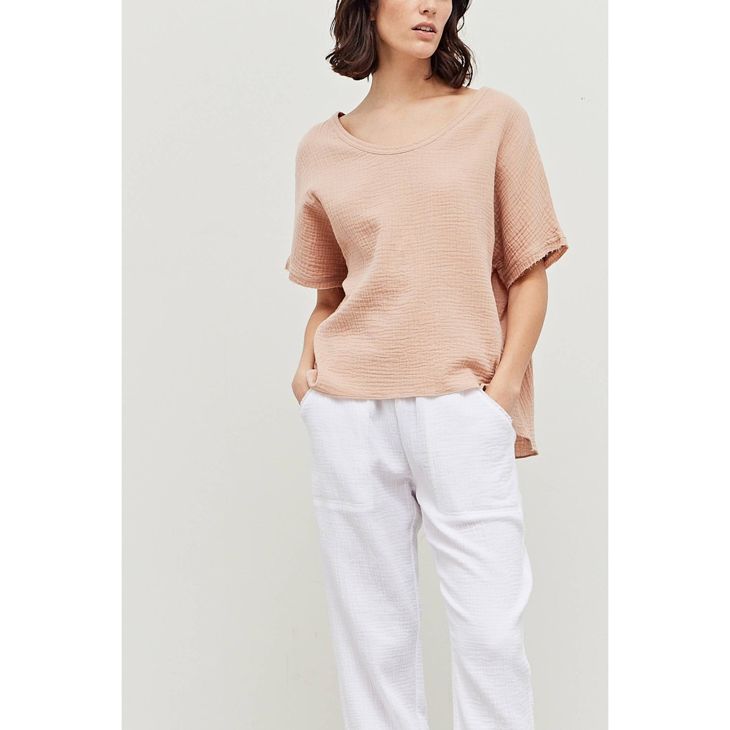 Grade & Gather Cotton Gauze Blouse in Soft Rose
