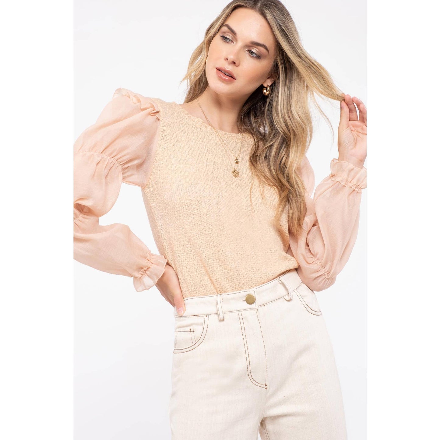 Contrast Sleeve Apricot Sweater Top
