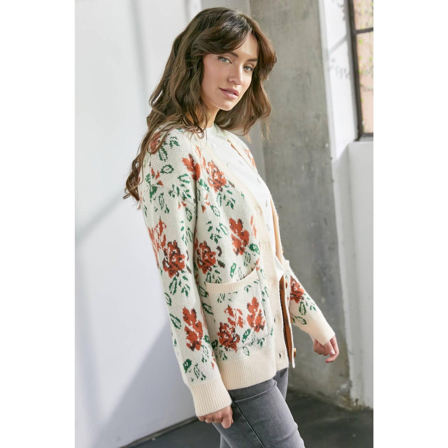 Floral Knit Button Front Cream Cardigan