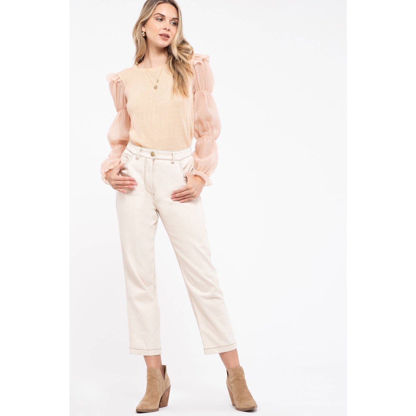 Contrast Sleeve Apricot Sweater Top