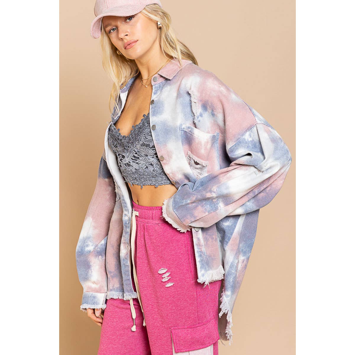 Rose Blue Tie Dye Distressed Shacket - Wild Luxe Boutique