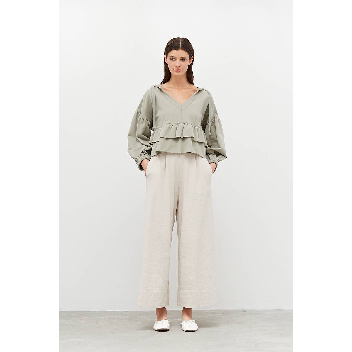 Grade & Gather V-Neck Hooded Tiered Sweatshirt