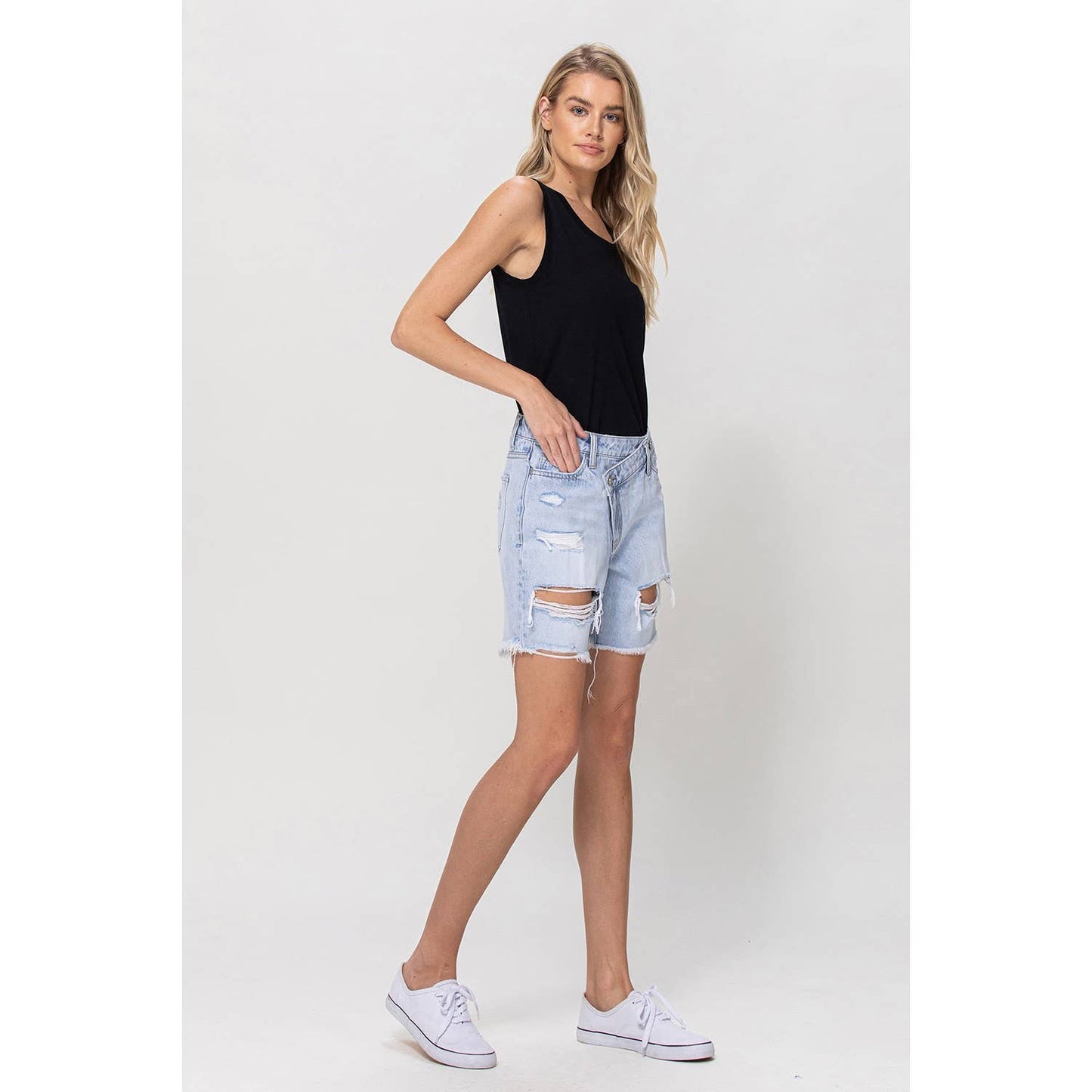 Upstanding High Rise Cross Over Boyfriend Shorts
