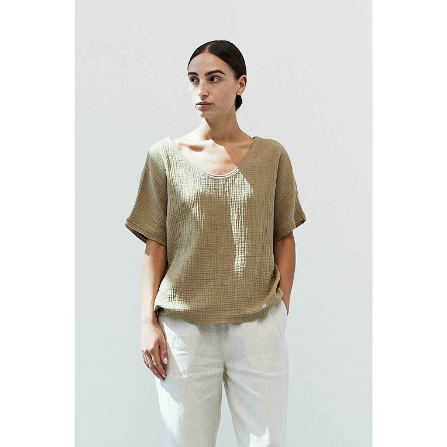 Grade & Gather Cotton Gauze Blouse in Dried Thyme